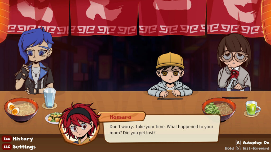 Gasten zitten aan een lange tafel noedels te eten. Een personage zegt, "Don't worry. Take your time. What happened to your mom? Did you get lost?"