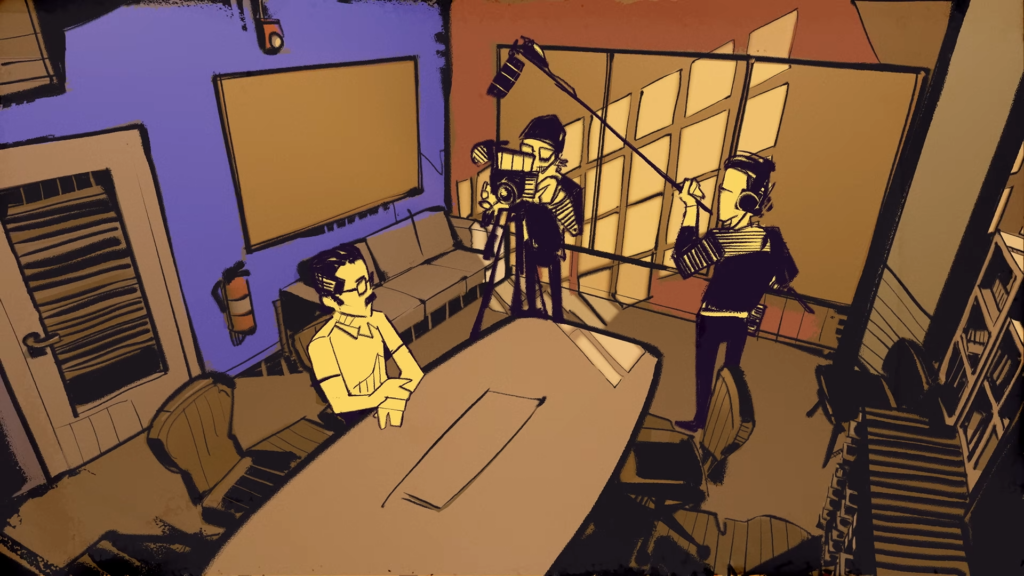 Een getekende afbeelding van een kantoorruimte in paars en oranje. Een man met snor en bril zit aan tafel. Naast hem staan een cameraman en een man met een microfoonhengel.