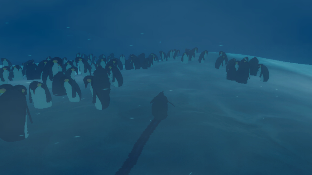 Een penguin loopt door de sneeuw een grote groep andere penguins in.