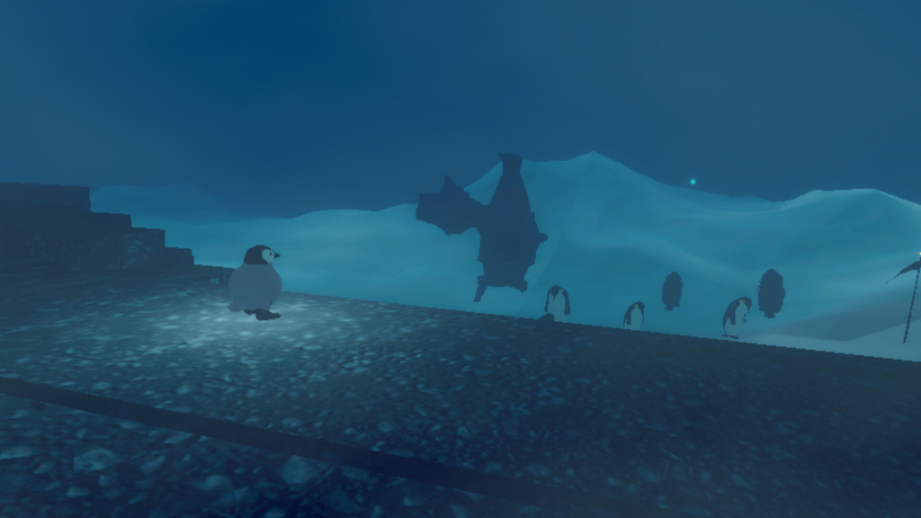 Een eenzame penguin kijkt over de besneeuwde vlakte uit vanaf een betonnen plateau. Beneden staan meer penguins.